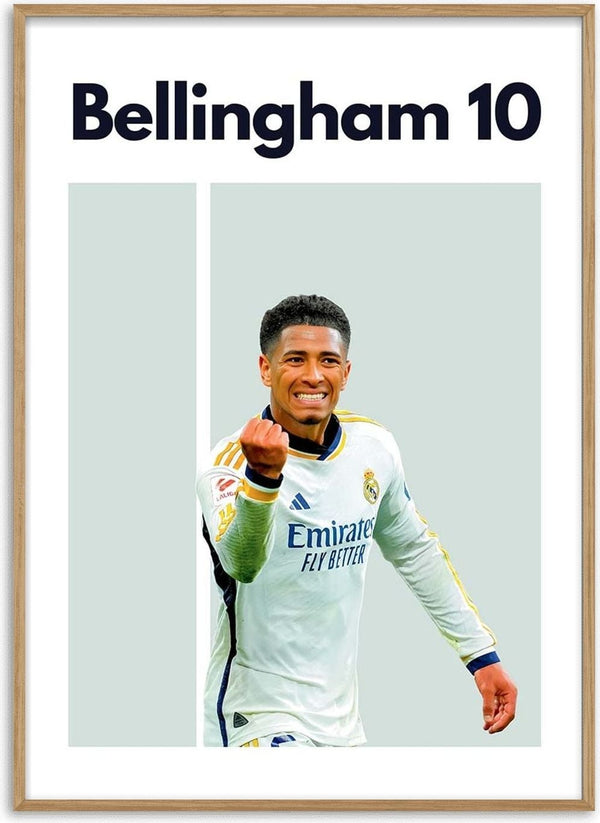 Poster of Bellingham in a Real Madrid kit celebrating, with "Bellingham 10" written above.