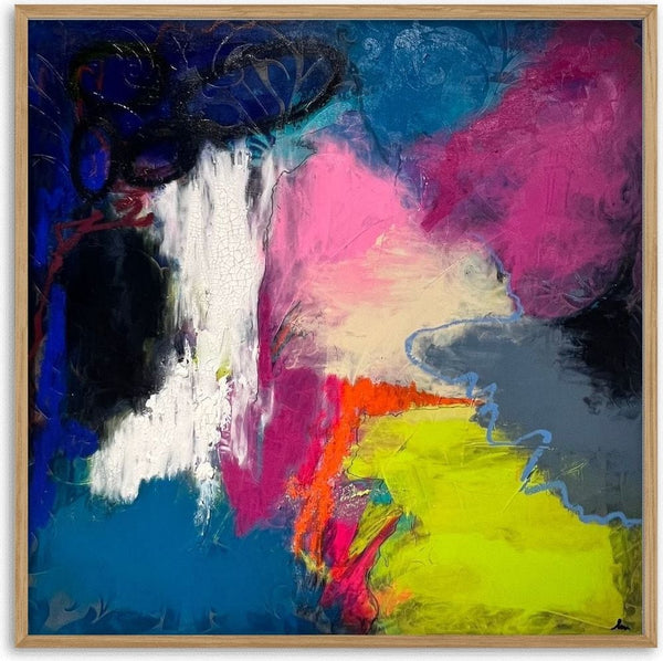Between Here and Elsewhere I by Laura Notari - abstract of hot pink, neon yellow, navy and teal with a crackled white column