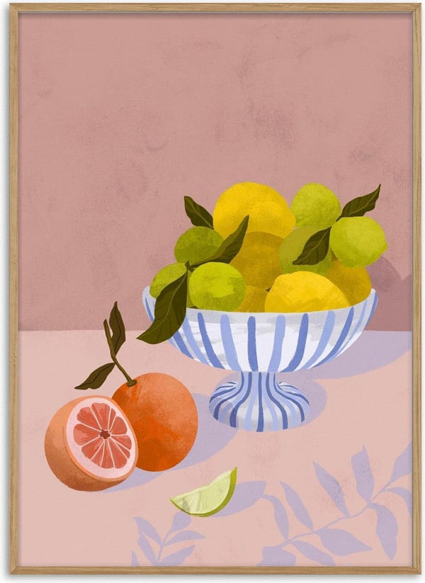 Illustration of a striped bowl with lemons and limes, next to sliced grapefruit and lime on a pink surface.