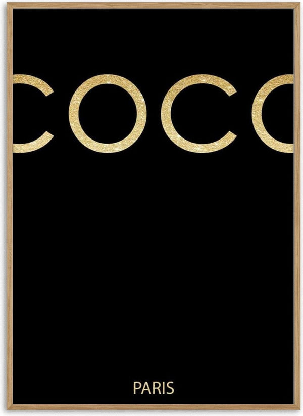 Minimalist Black COCO poster with large gold letters and "PARIS" at the bottom.