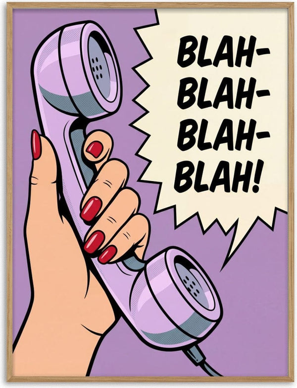 Comic-style hand holding a phone, speech bubble says "Blah-Blah-Blah-Blah!" for Blah Blah Blah by Andreas Magnusson.