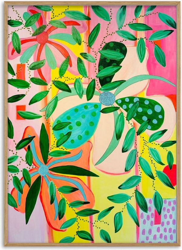 Bloom by LGDyrby - green leaves and coral flowers spreading over bands of pink, yellow and orange