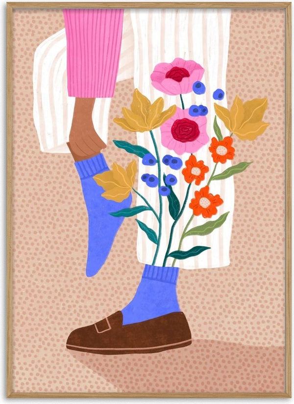 Illustration of legs wearing purple Blooming Socks with flowers growing from them, by Bea Muller.