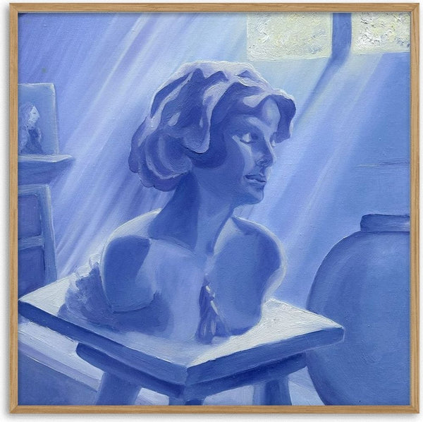 Blue Atelier by Ditte Hartfelt - a plaster bust on a table in a sunlit studio, painted in blue