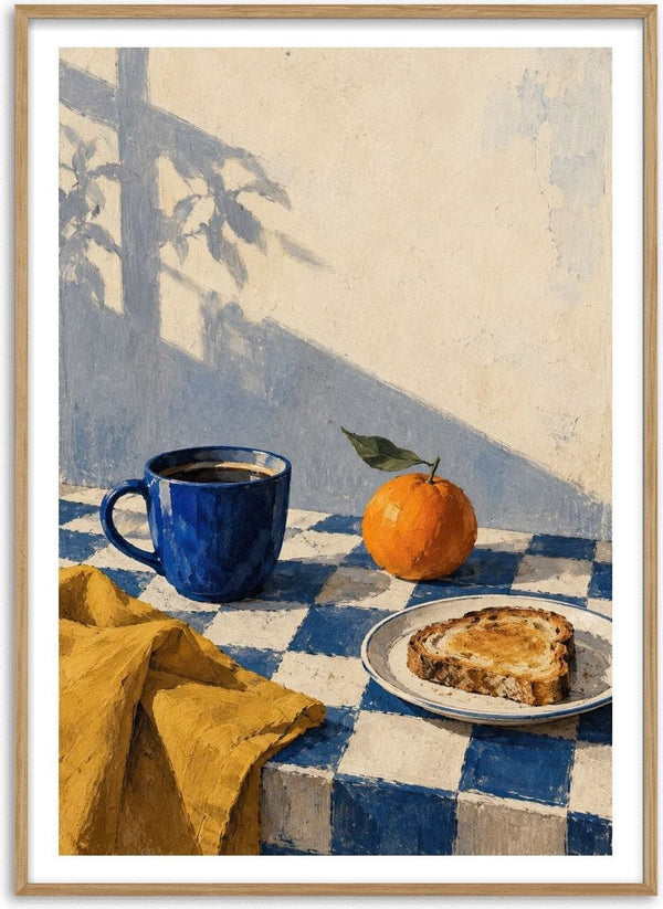 Blue Hour Breakfast by Matthews Gallerie - coffee, an orange and toast on a blue chequered cloth