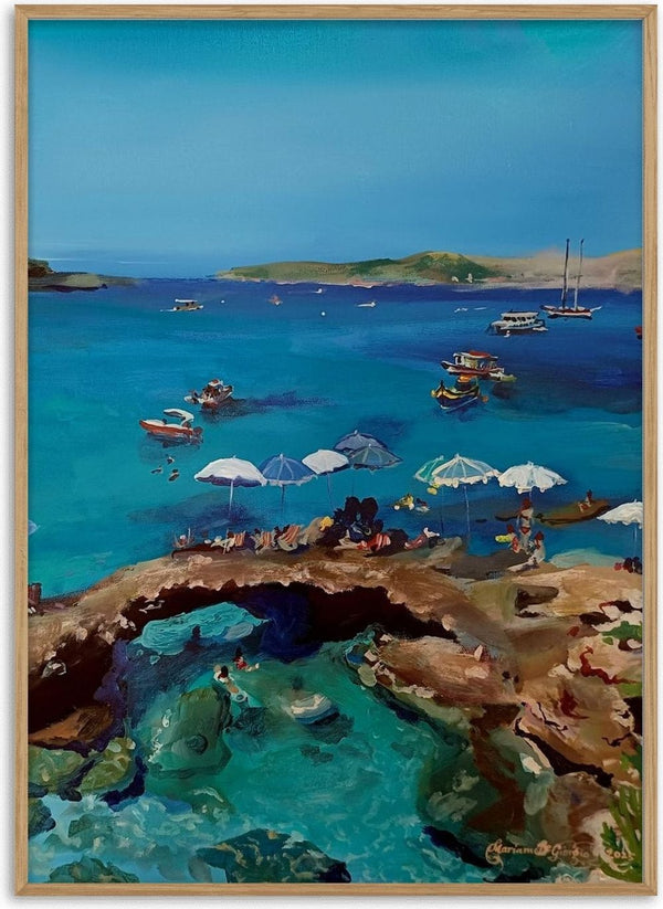 Blue lagoon in late May by Mariam De Giorgio - parasols and swimmers on a rocky headland above turquoise water