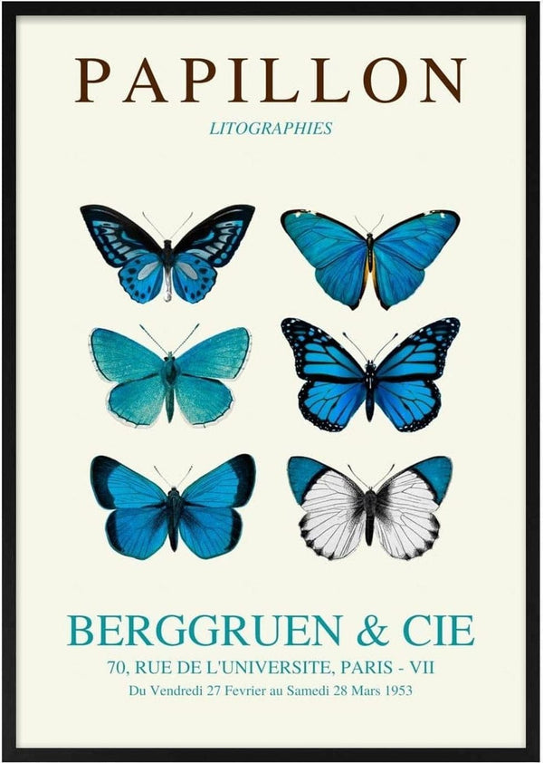 Six blue butterflies with varying wing patterns, featured as artwork on the Blue Papillon Plakat product page.