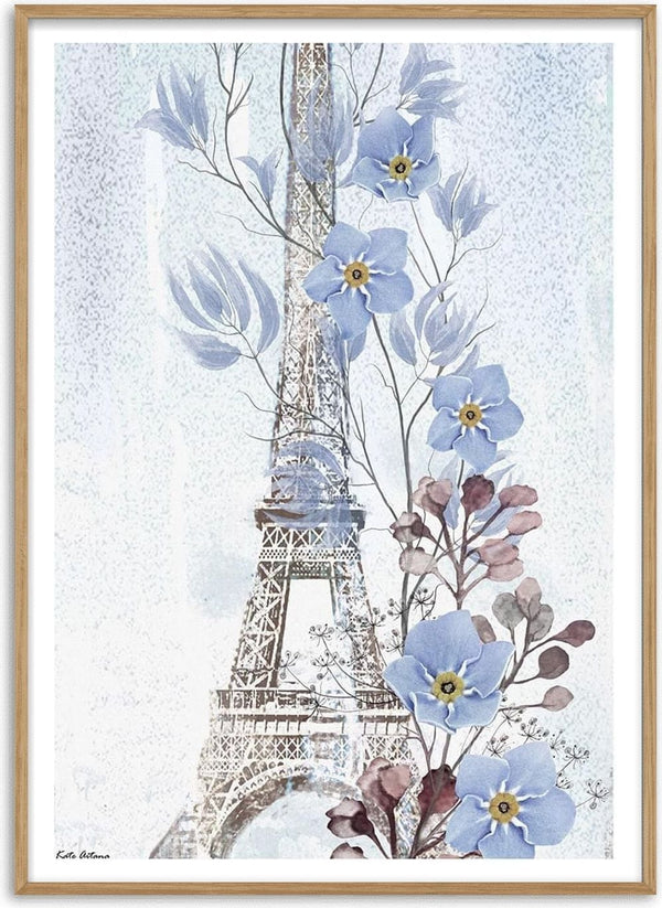 Art print of the Eiffel Tower with blue and purple flowers, inspired by Blue Paris - Kate Aitana.