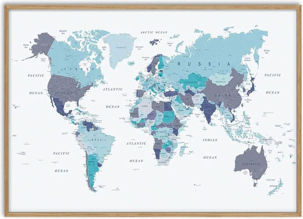Blue world map poster with countries in various shades of blue on a light background.