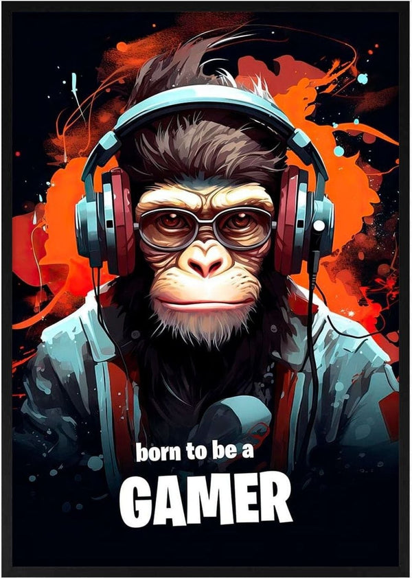 Illustration of a chimpanzee wearing headphones and hoodie with "born to be a GAMER" text below.