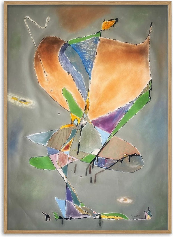 Butterfly by Art Guveau - abstract butterfly with soft orange wings and coloured triangles on a grey-green background