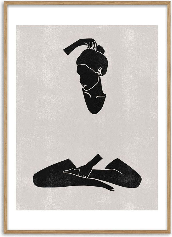Minimalist black silhouette of a peaceful woman tying her hair, featured on the Calm and Peaceful Woman poster.