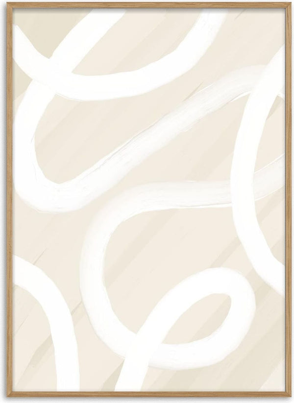 Abstract beige artwork with soft white swirling lines, featured as Calm Gesture by Yuli on the product page.