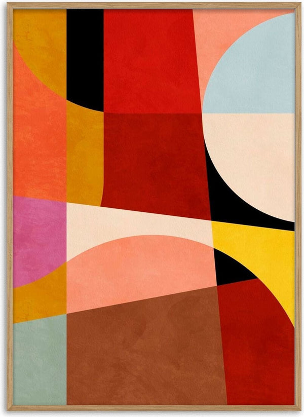 Abstract geometric artwork with curved and straight shapes in warm, muted colors for Calm Minimalism product.