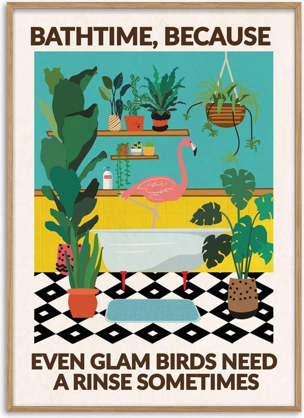 Colorful wallchart with a pink flamingo in a stylish bathroom, surrounded by plants and bathtime items.
