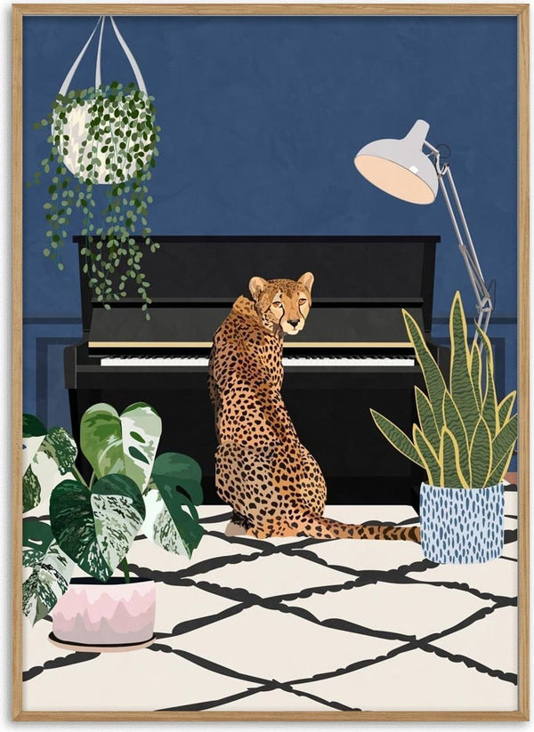 Illustration of a cheetah sitting at a piano with houseplants, featured on the "Cheetah playing piano" product page.
