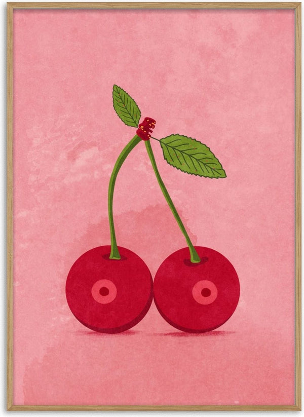 Illustration of two cherries with green stems and leaves on a pink background. Cherry Boobs by Raissa Oltmanns.