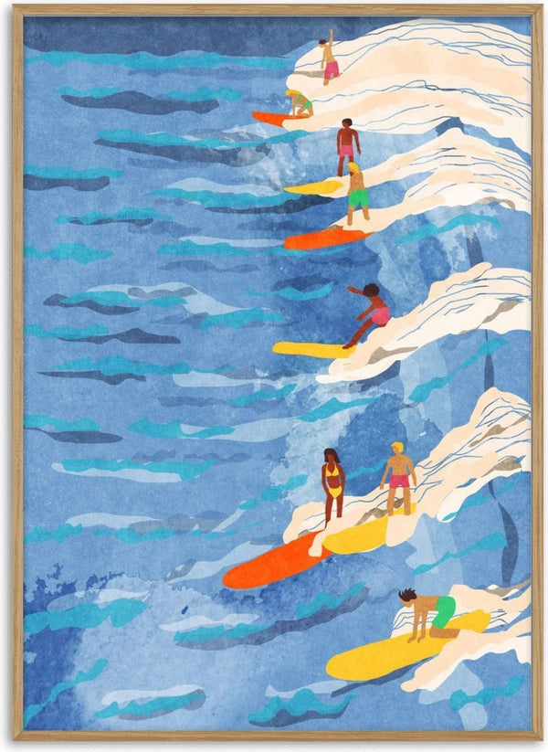 Illustration of surfers riding waves on colorful boards, inspired by Raissa Oltmanns' chilled surfing style.