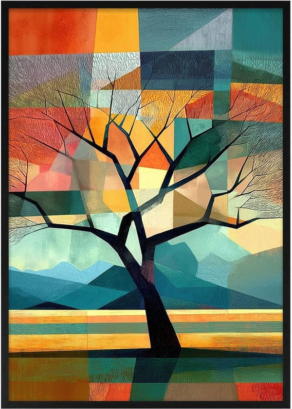 Abstract tree with bare branches against colorful geometric shapes, representing Chimes of Life - Tara Green.