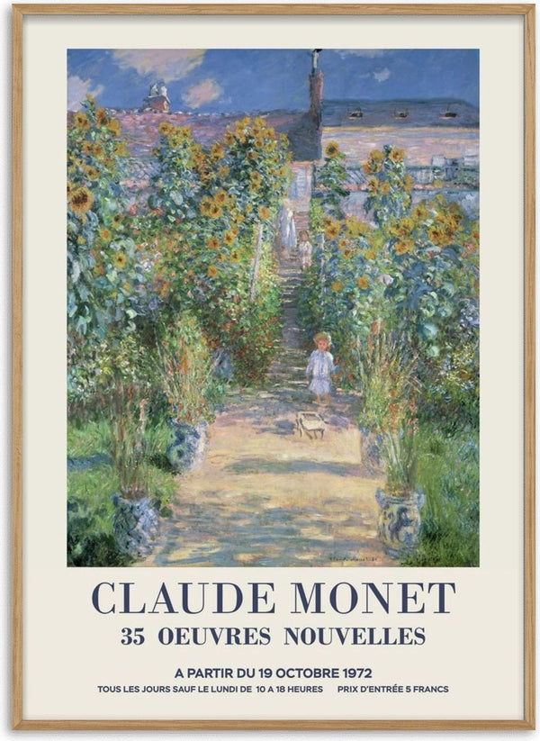 Impressionist garden scene with sunflowers by Claude Monet, woman and child walking on a path.