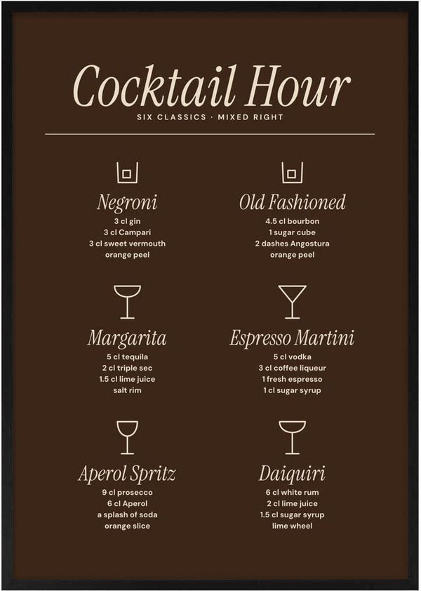Cocktail Hour by ARTSY FARTSY, cocktail recipe poster in cream on coffee brown