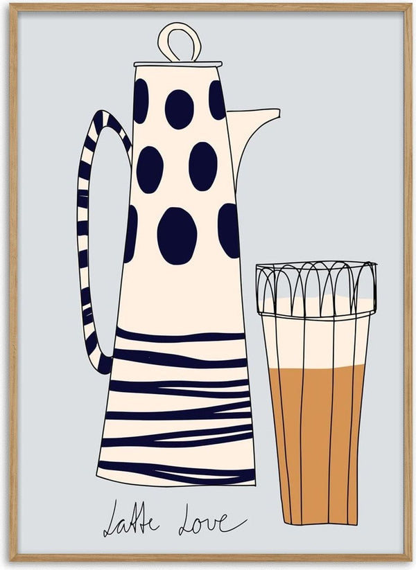 Illustration of the Latte Love coffee pot with stripes and dots beside a tall glass of latte.