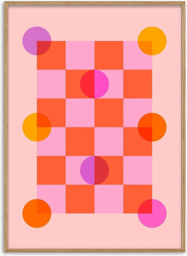 Color Play by Nanna Paavig, a coral orange and pink checkerboard poster with purple, yellow and hot pink circles