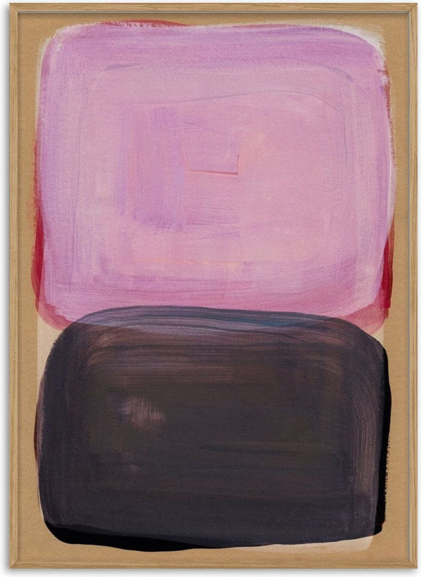 Color Shapes 3 by Mareike Böhmer - a lilac-pink shape above a charcoal block on bare ochre paper