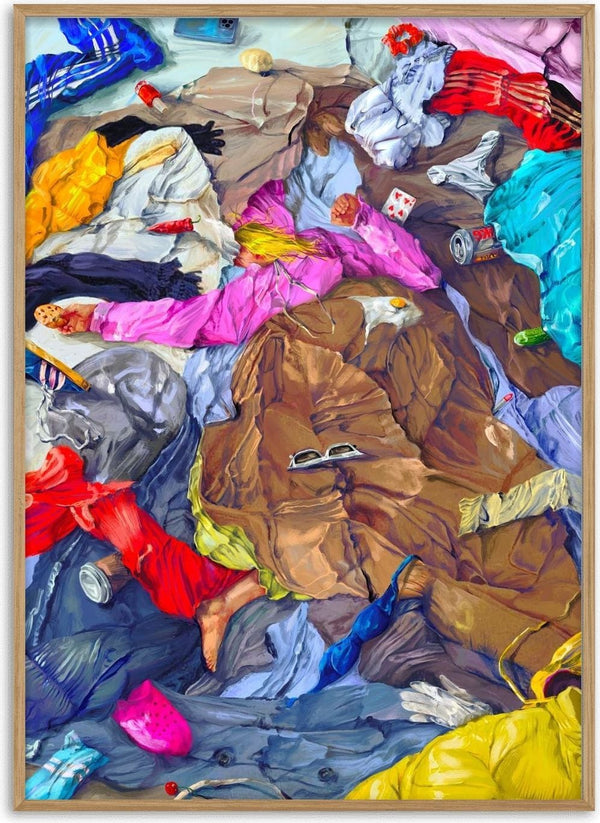 Colorful Clothes Chaos by Natascha Baumgärtner – figure in a pink jacket asleep on a heap of clothes