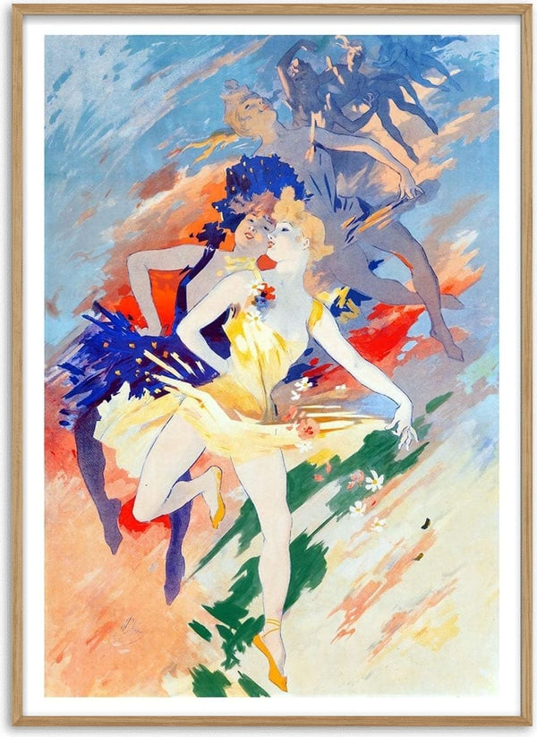 Abstract painting of dynamic dancers in colorful costumes, featuring vibrant blues, yellows, and reds.