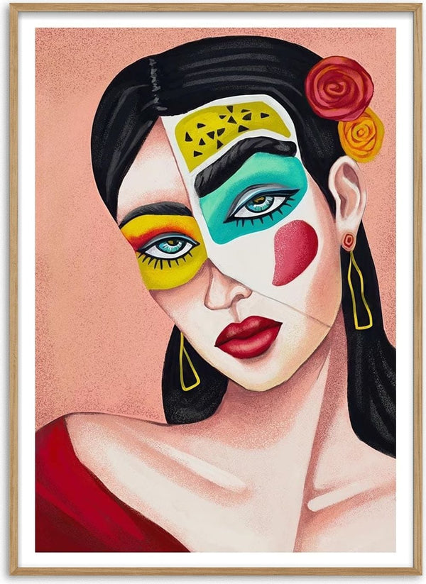 Abstract portrait of a woman with colorful geometric face paint, bold red lips, and earrings on a peach background.