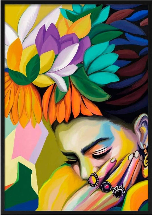 Vivid portrait of a woman with colorful flowers in her hair, resting her face on her hand adorned with bold rings.