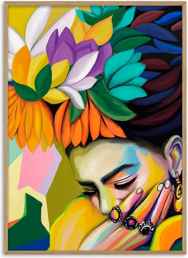 Vivid portrait of a woman with colorful flowers in her hair, resting her face on her hand adorned with bold rings.