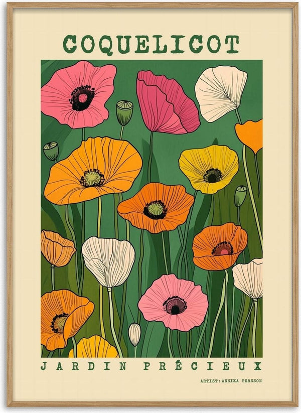 COQUELICOT by Annika Persson - pink, orange and cream poppies on a green panel with lettering