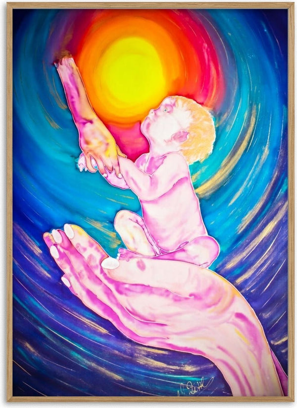 Cosmic Visions 2 by Walter Zettl - hand holding a child reaching towards a glowing sun among blue and violet swirls