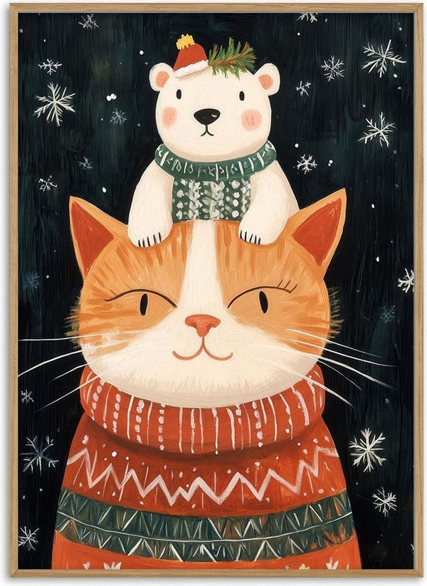 Orange cat in a festive sweater with a small polar bear wearing a hat and scarf on its head, snowflakes in background.