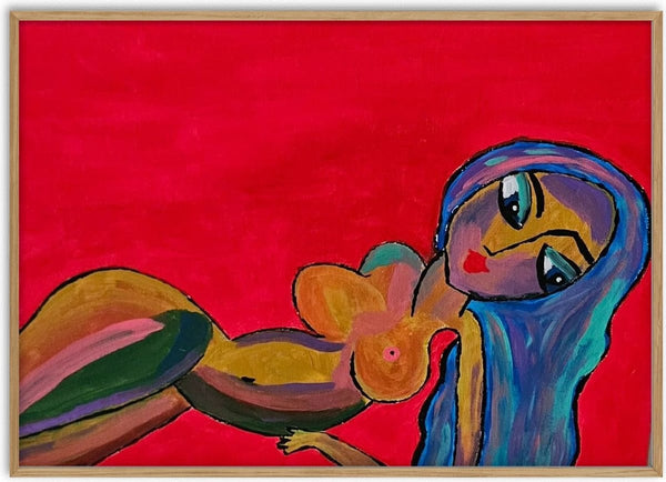 Crimson Reverie by Bibi - a reclining figure in ochre, green and blue on flat crimson