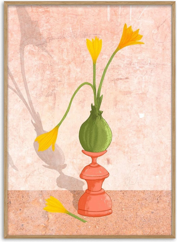 Crocus on pedestal by Creationsbyeditabrus - yellow crocuses in a green bulb on a coral pedestal