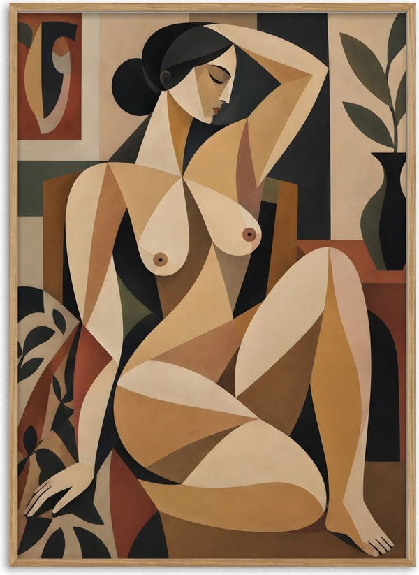 Cubist Nude Figure by TimlessArtworks - a seated figure in flat planes of beige and clay