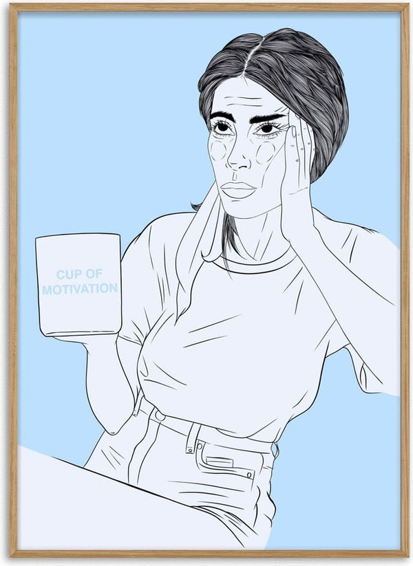 Cup of Motivation poster by Lisen Vennesland with a line drawn woman holding a large mug on a blue background