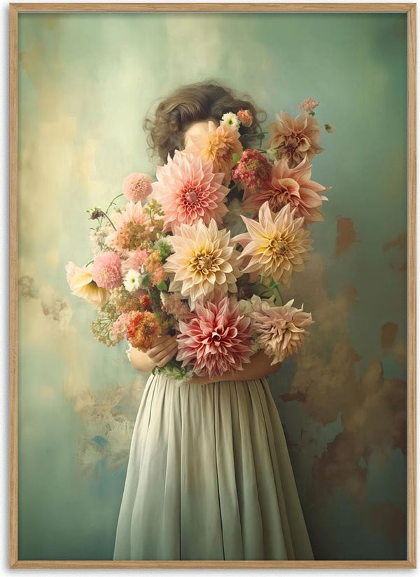 Woman holding a large bouquet of dahlias in soft pink and peach tones, vintage green background.