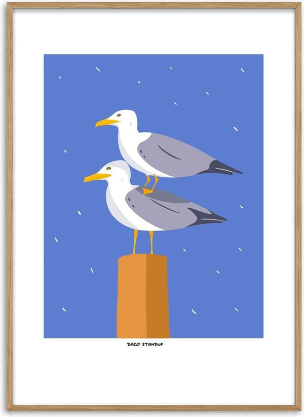 Daily Standup by Jakob Falkenberg - two seagulls stacked on an orange post against a blue sky