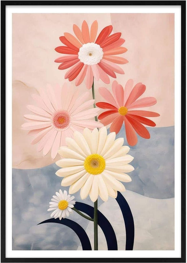 Illustration of Daisy Flowers-Tara Green with large pink, red, and white blooms against a soft abstract background.