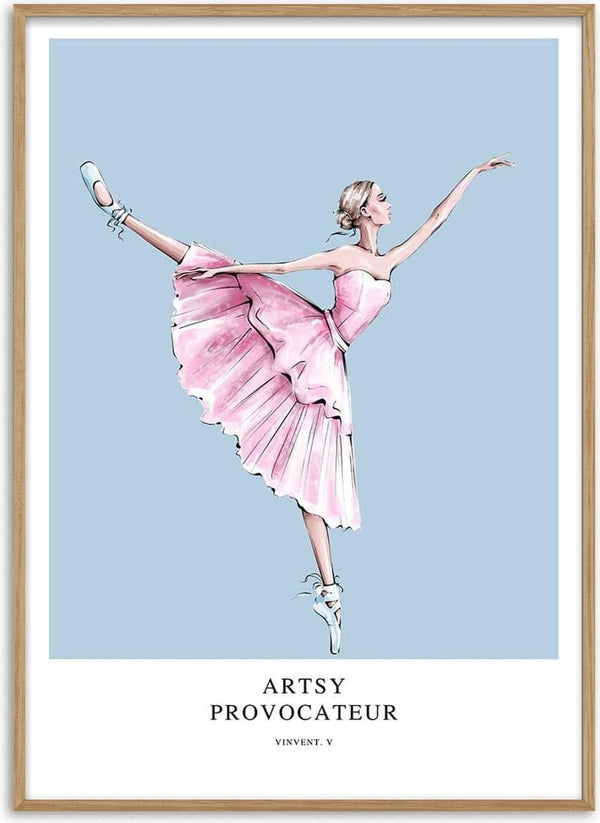 Illustration of a ballerina in a pink dress dancing gracefully; "Dancing Provocateur - Vincent V." product image.