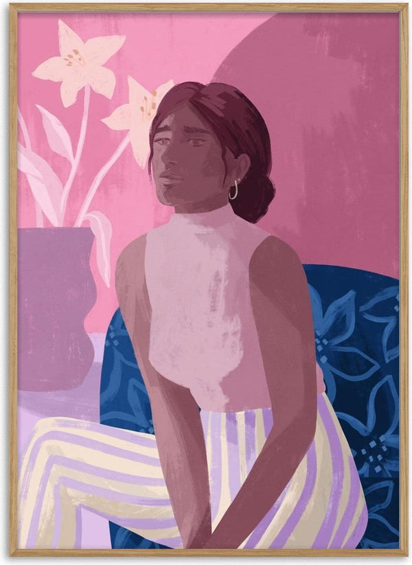 Illustration of a woman in striped pants sitting by flowers, featured for Daydreaming - Goed Blauw.