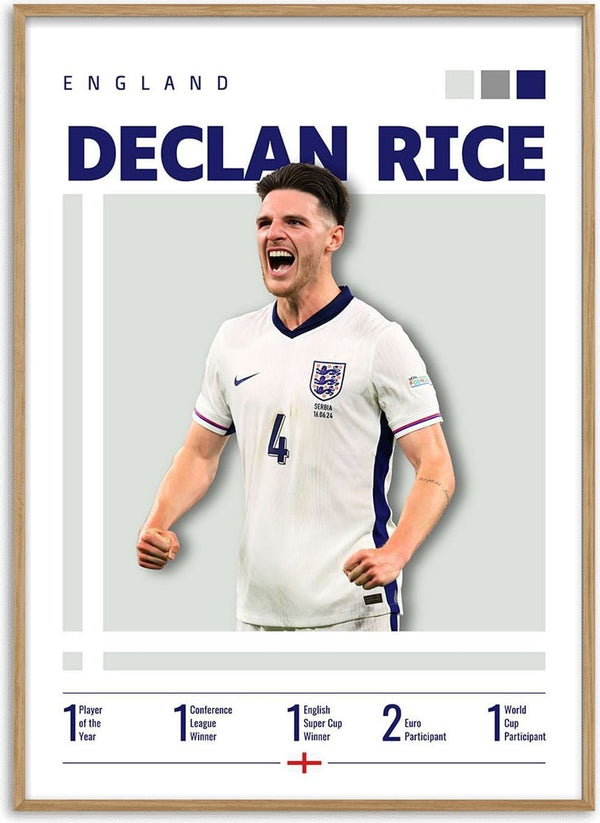 Poster of Declan Rice in England kit, celebrating with fists clenched, product titled Tottenham Fodbold Plakat.