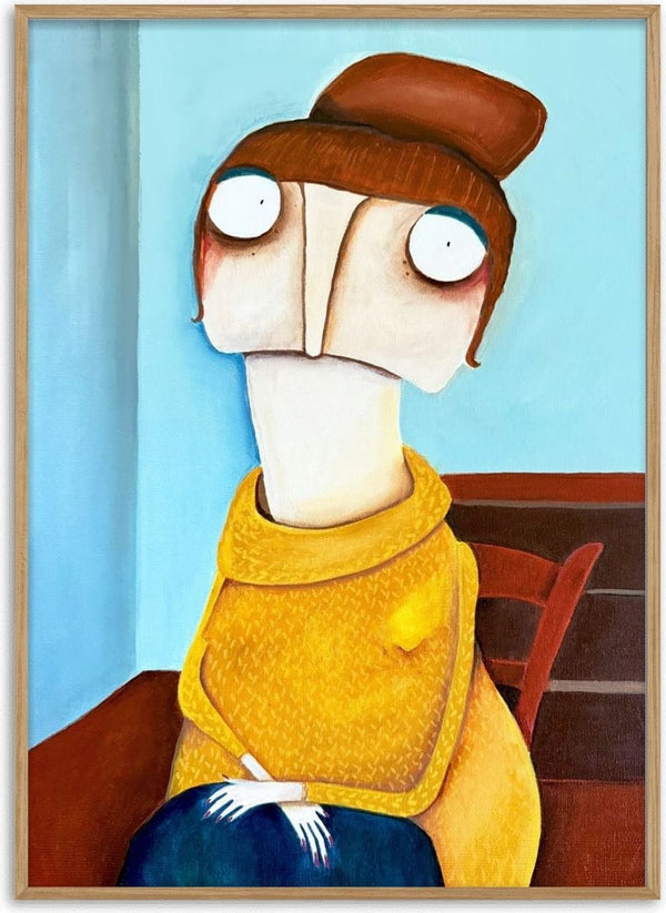 Die 12 Sündenfälle: Heuchelei by lacaluna - a long-faced figure in a mustard-yellow sweater on pale blue
