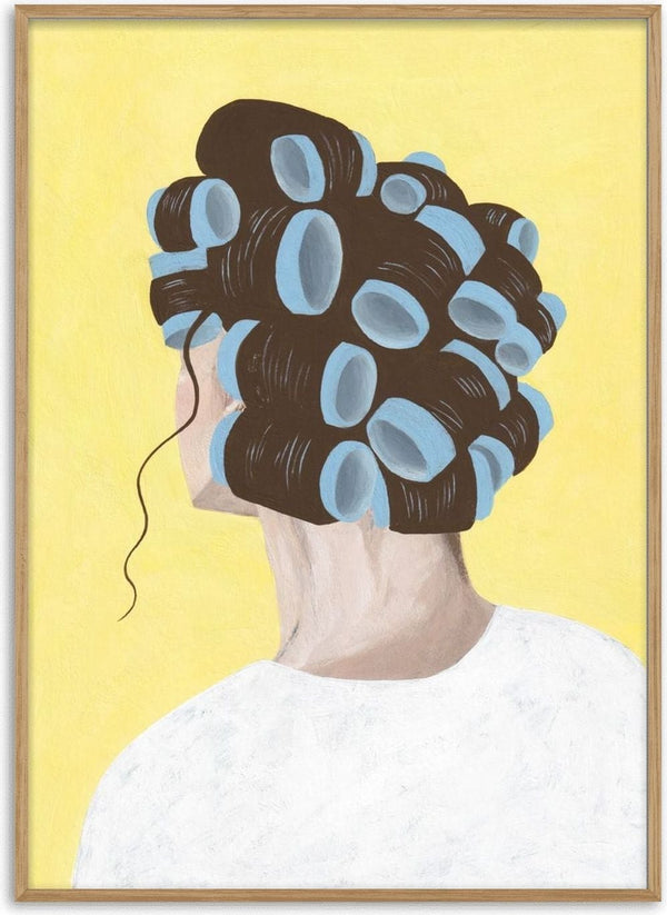 Different solution by Jaron Su - head of dark hair in blue curlers on yellow
