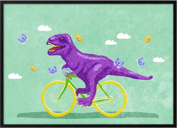 A purple dinosaur rides a yellow and green bicycle, surrounded by butterflies and clouds on a green background.