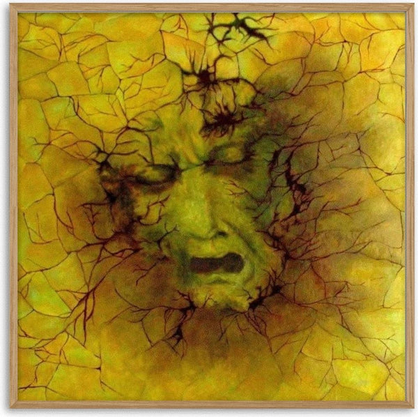 Drought by Cristina Iacob - a face under cracked yellow-green plates threaded with dark red fissures